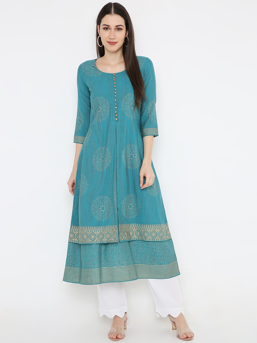 

Peppertree Women Turquoise Blue & Gold-Toned Floral Printed Layered Kurta