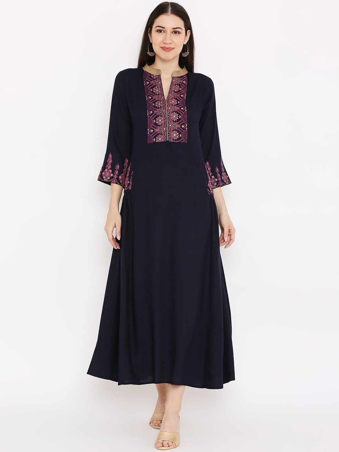 

Peppertree Navy Blue & Pink Ethnic Motifs Ethnic A-Line Maxi Dress