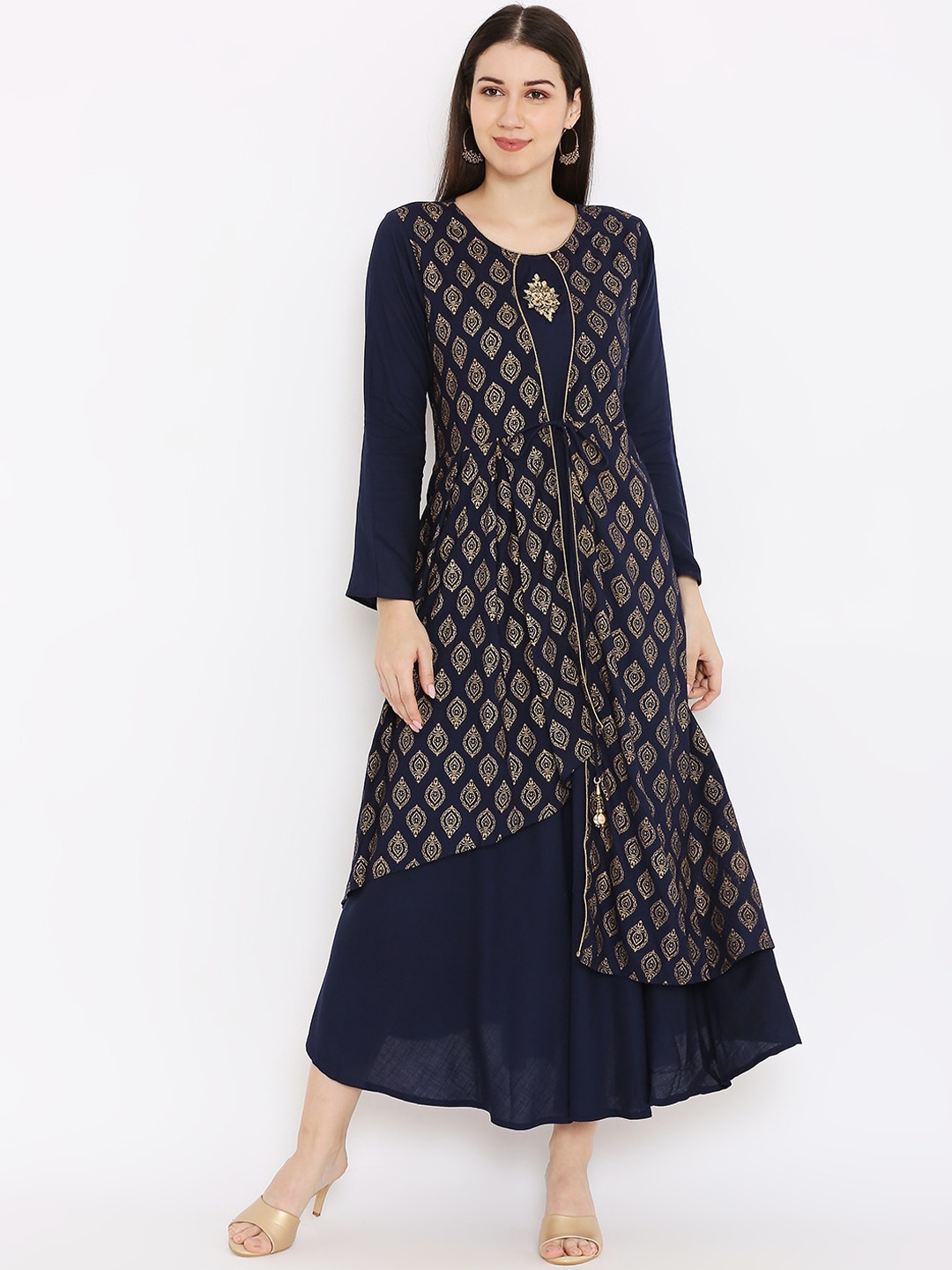 

Peppertree Women Blue & Gold-Toned Ethnic Motifs Printed A-Line Kurta