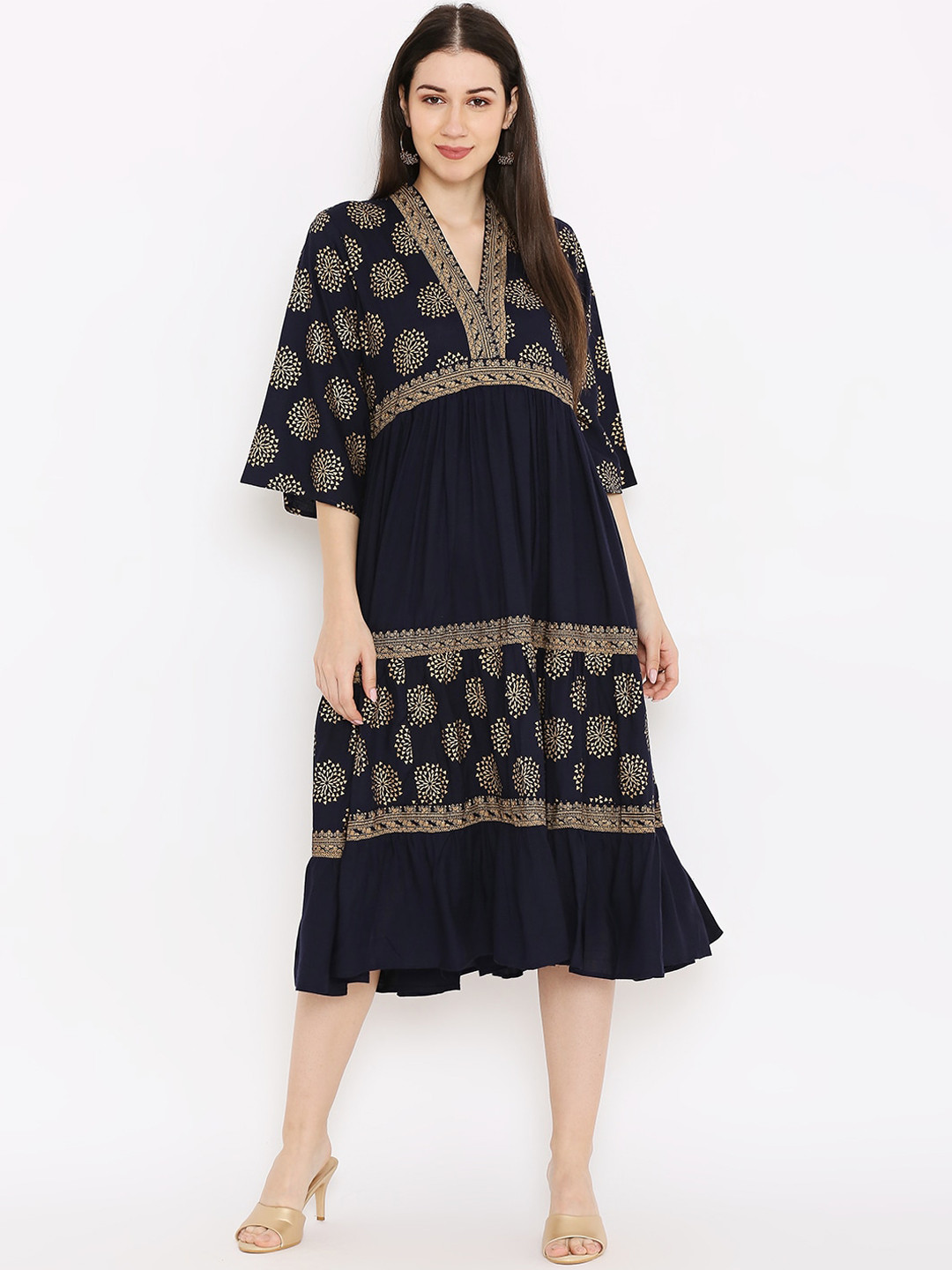 

Peppertree Women Blue & Gold-Toned Ethnic Motifs Printed Fit & Flare Dress