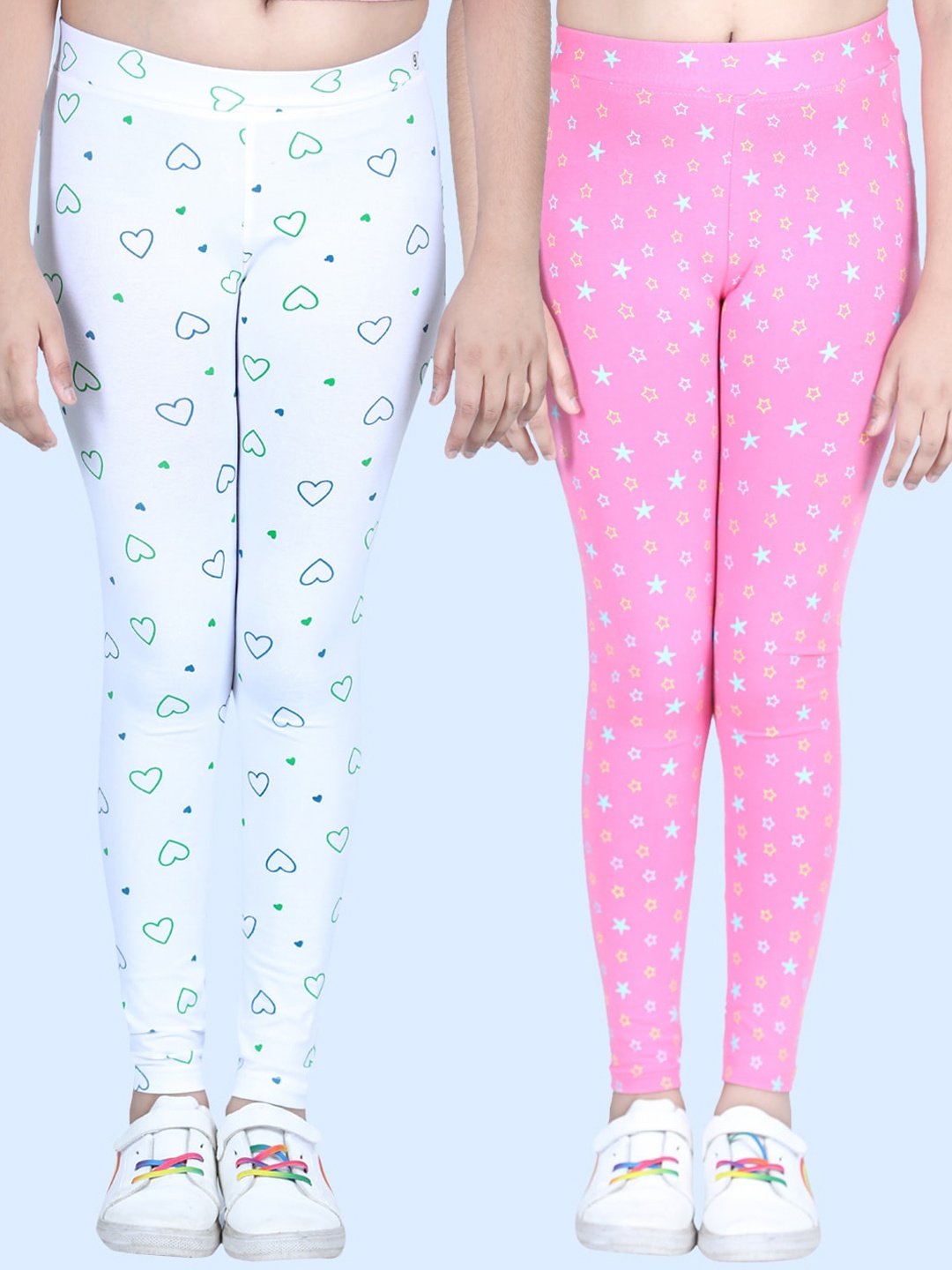 

StyleStone Girls Pack of 2 Printed Leggings with Flat Waistband- White & Pink