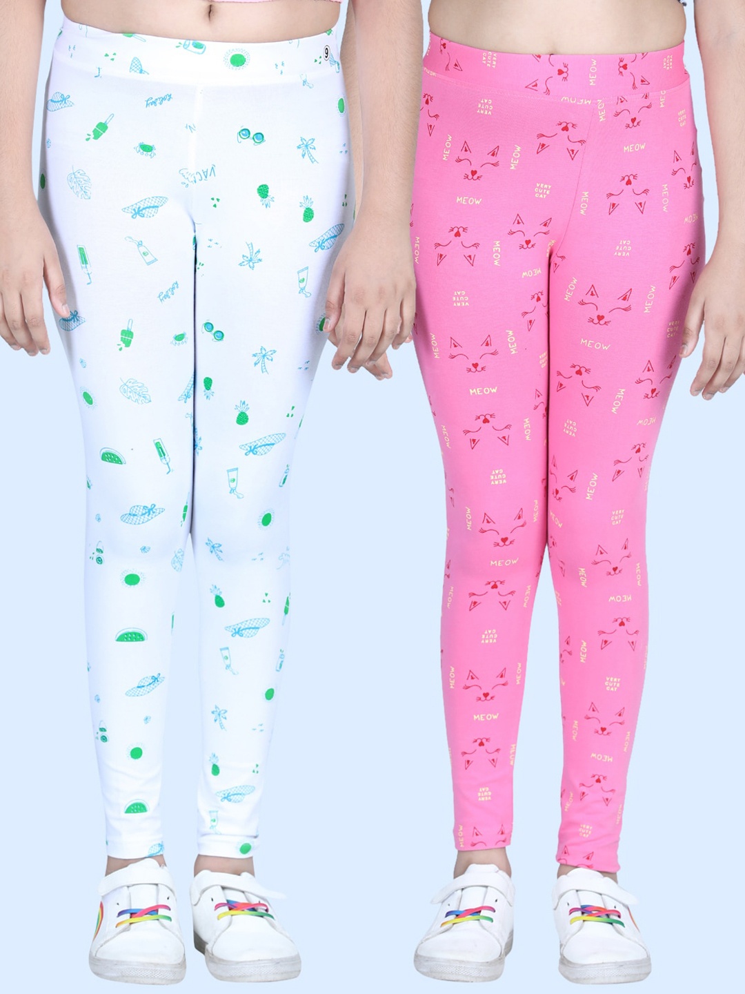 

StyleStone Girls Pack Of 2 Pink & White Printed Ankle Length Cotton Leggings