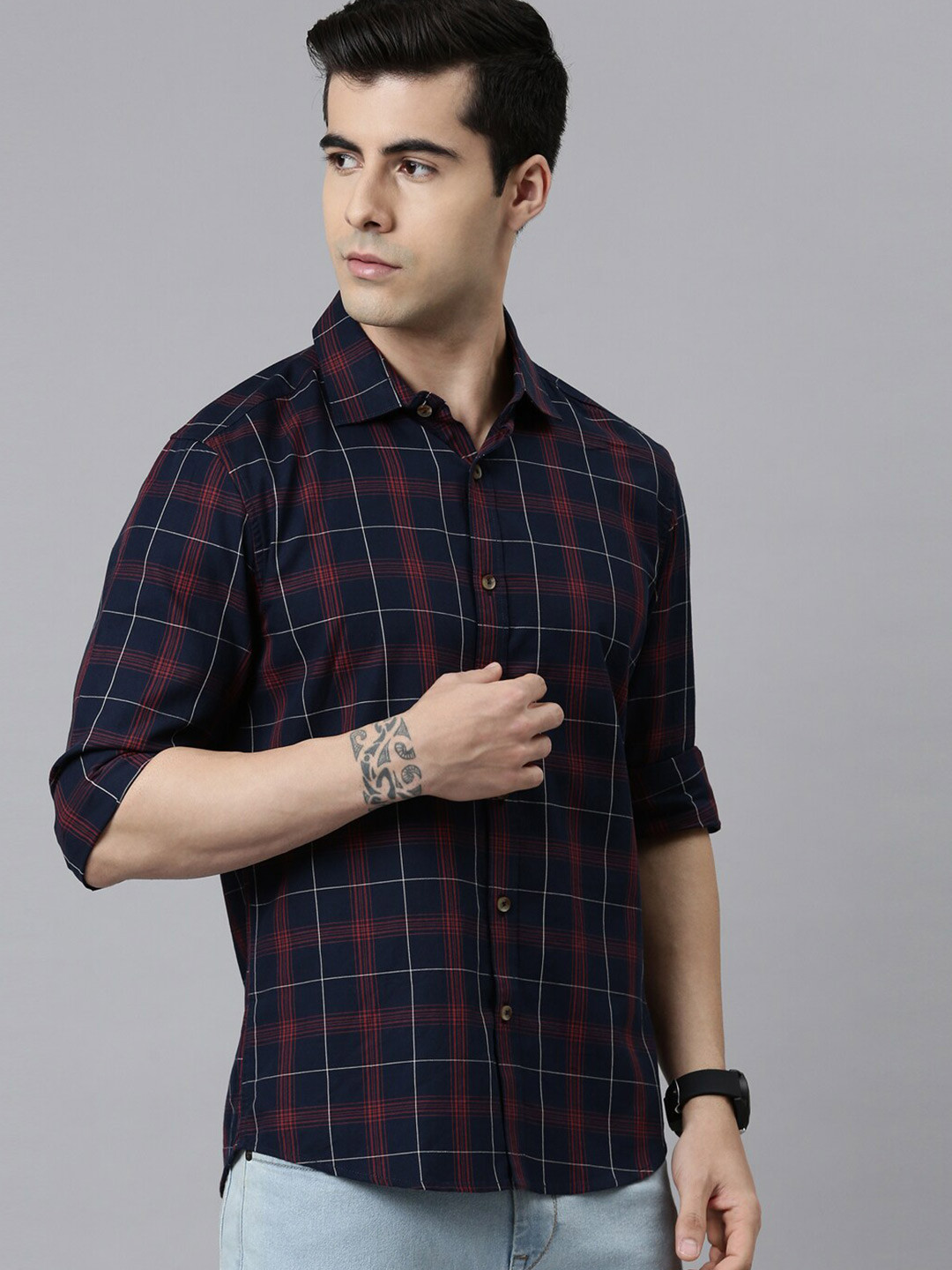 

Bushirt Men Navy Blue Comfort Tartan Checked Cotton Casual Shirt
