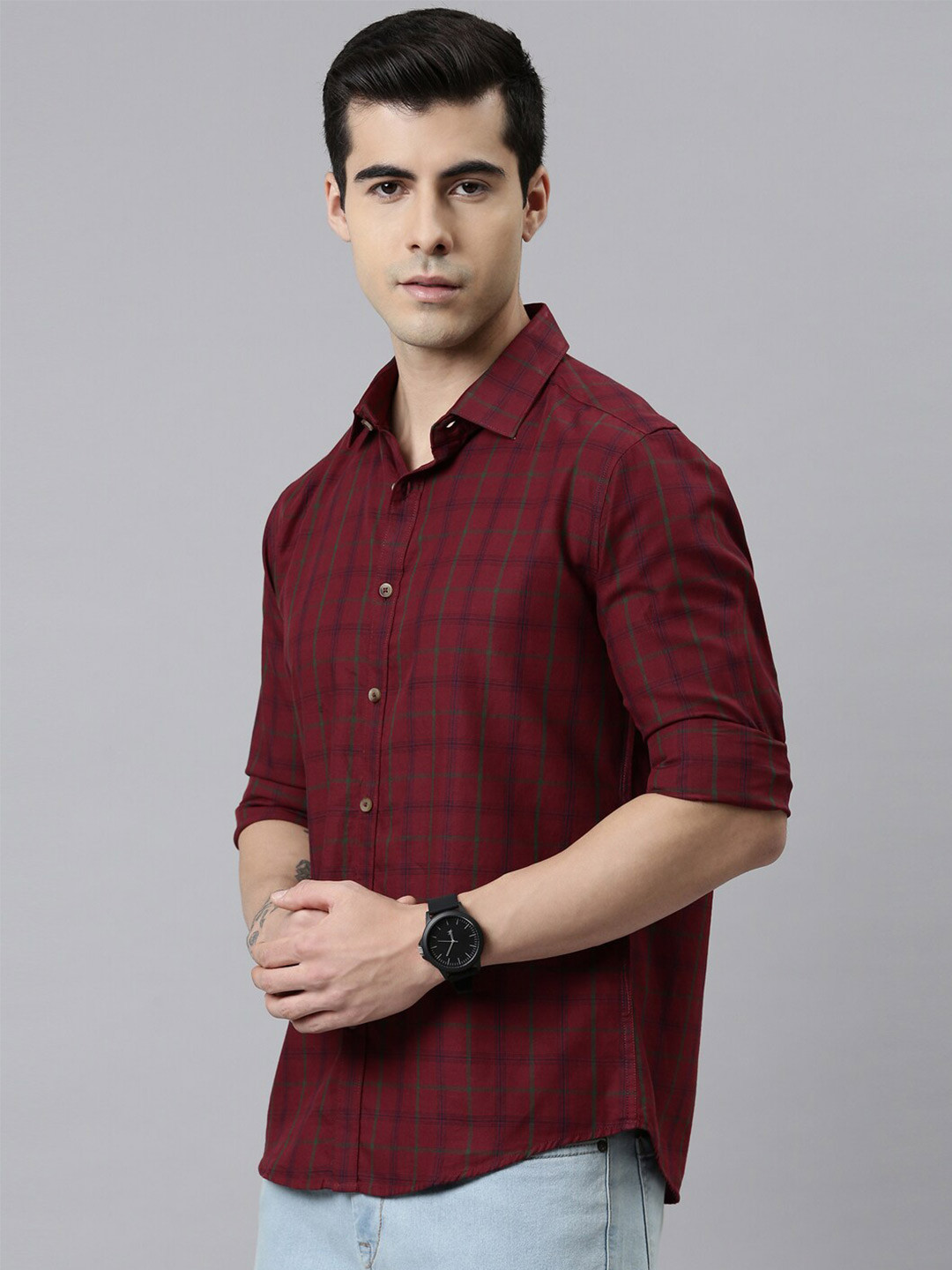 

Bushirt Men Maroon Comfort Tartan Checks Checked Casual Shirt