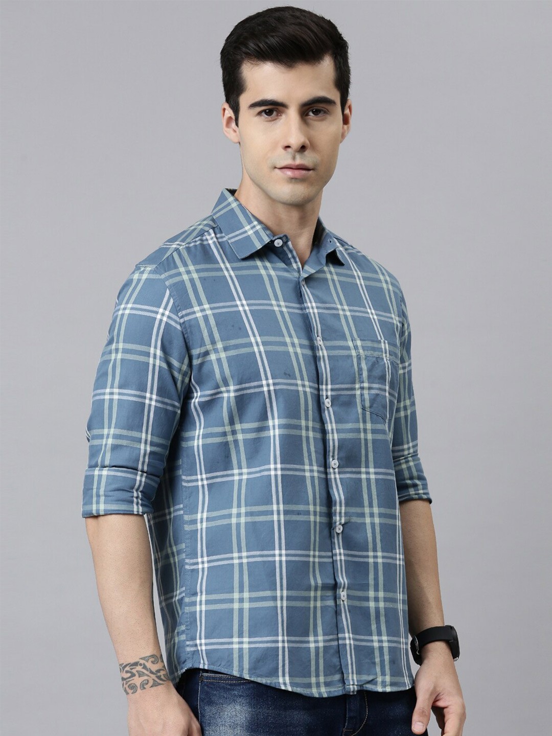 

Bushirt Men Blue Cotton Checked Comfort Casual Shirt