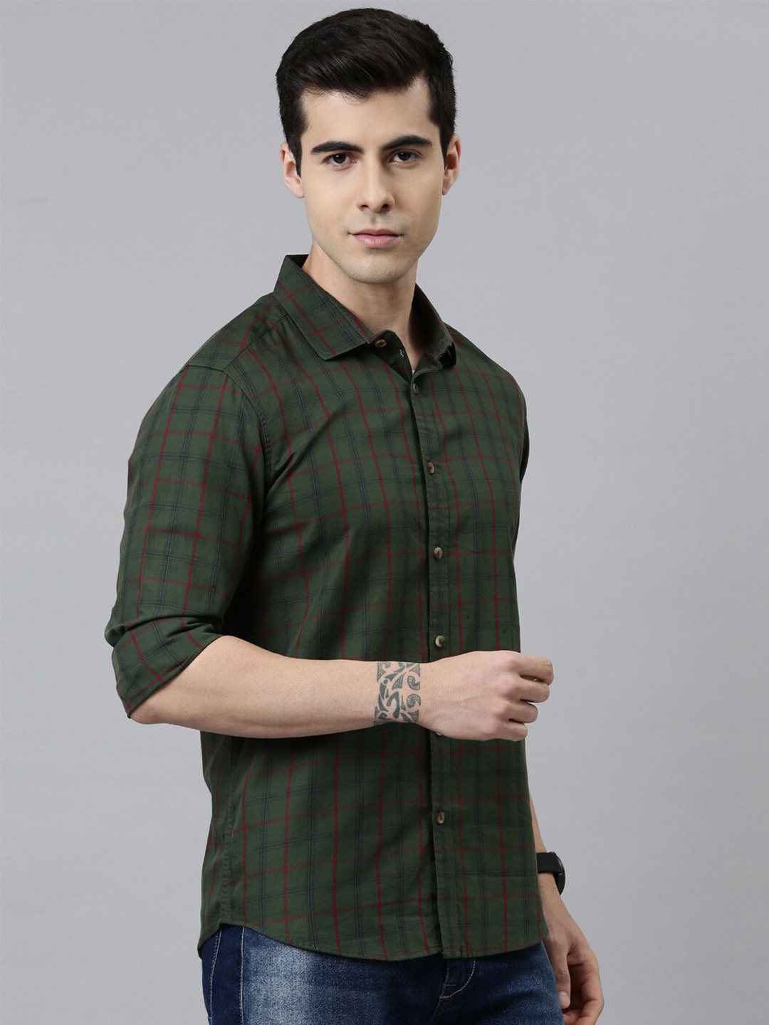 

Bushirt Men Green Comfort Tartan Checks Checked Casual Shirt