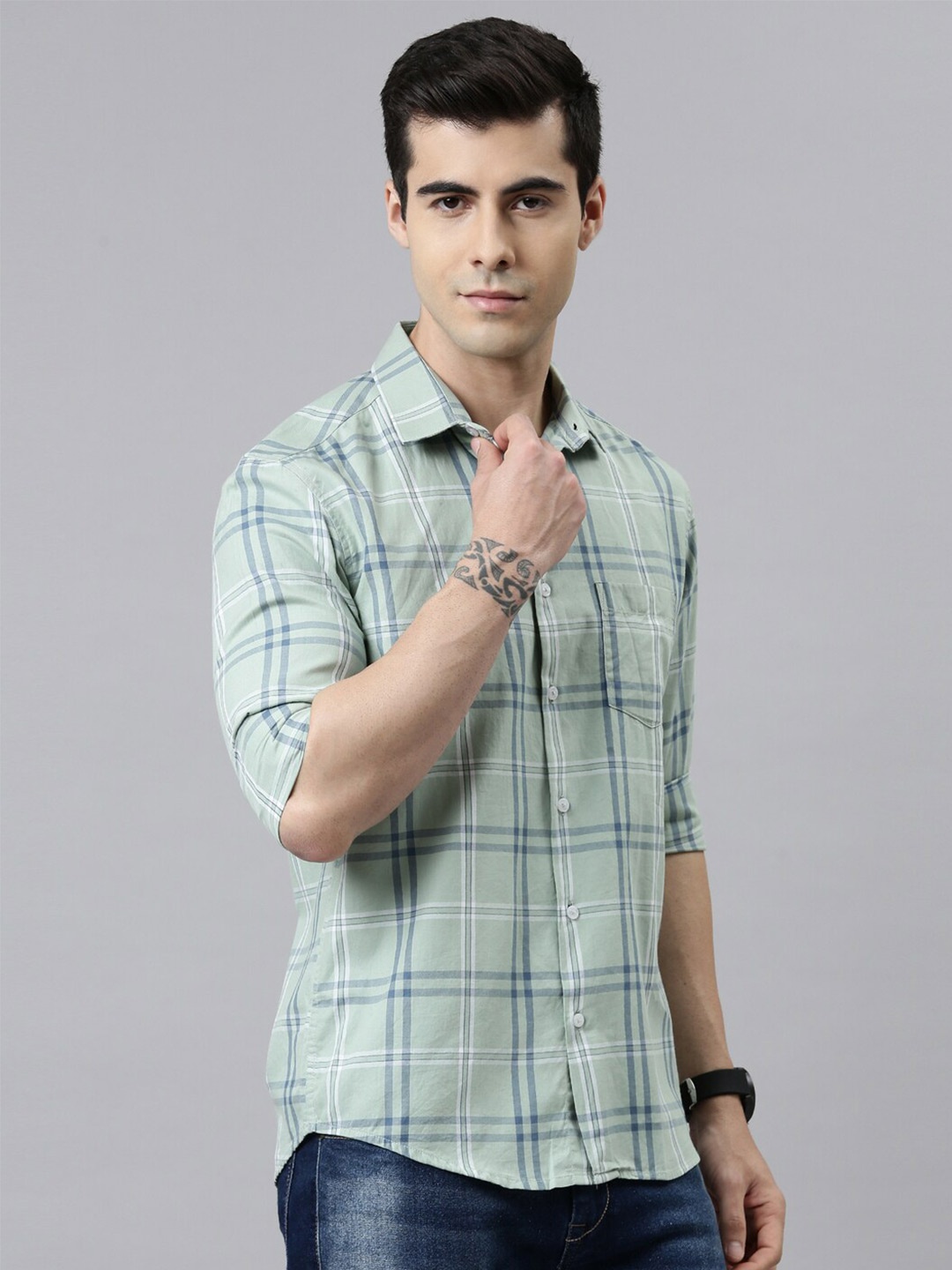 

Bushirt Men Sea Green Comfort Tartan Checks Checked Casual Shirt