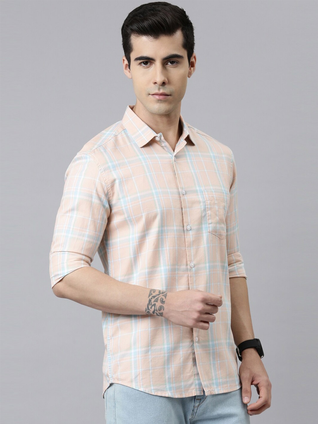 

Bushirt Men Peach Comfort Tartan Checks Casual Shirt