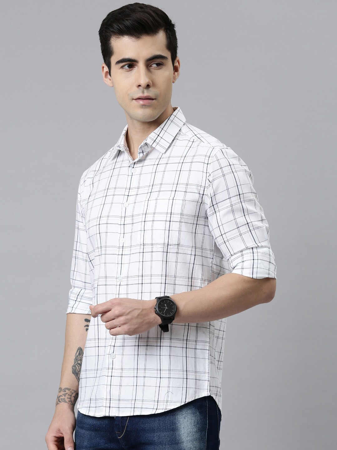 

Bushirt Men White Comfort Tartan Checks Casual Shirt