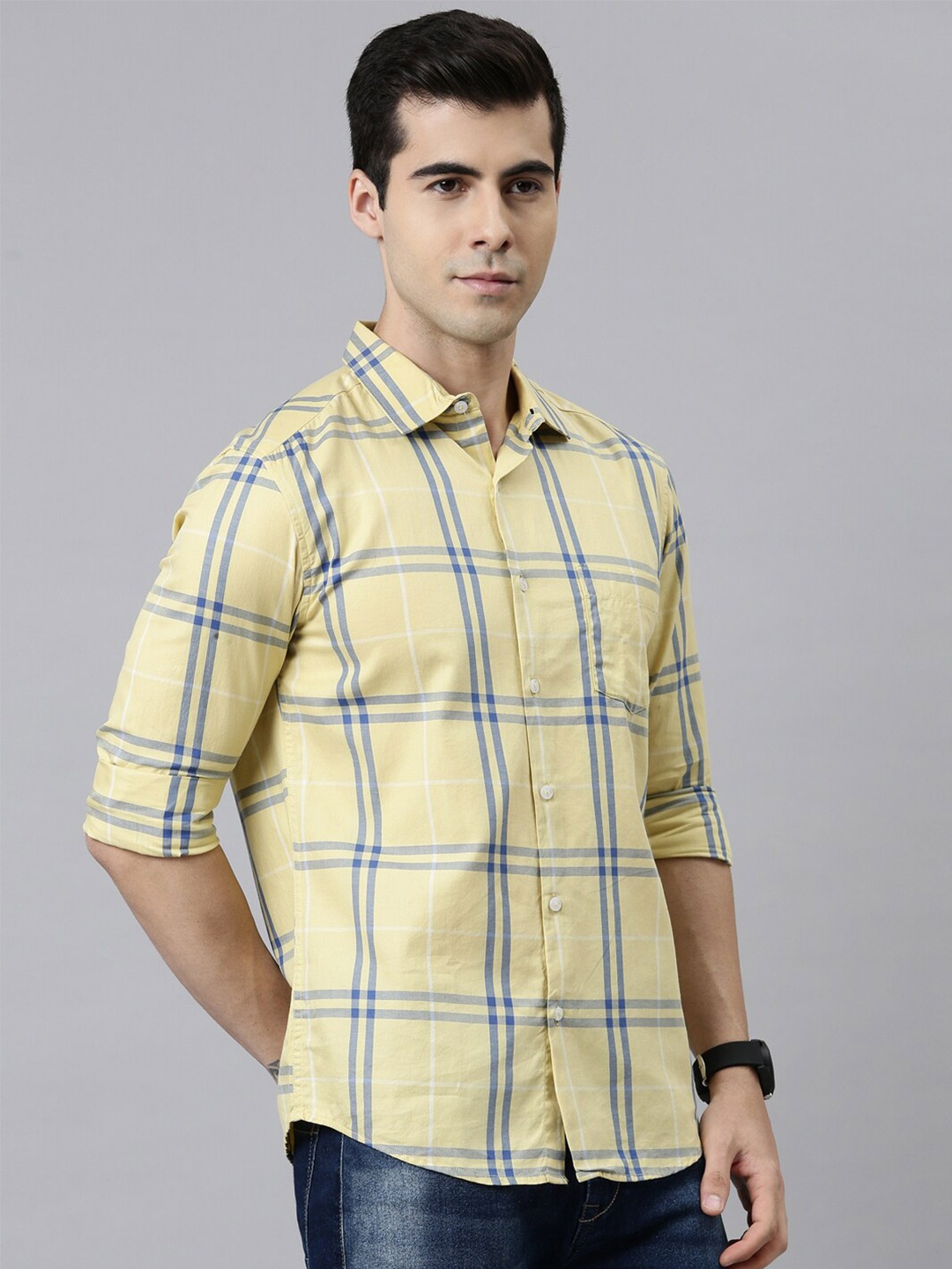

Bushirt Men Yellow Comfort Tartan Checks Checked Casual Shirt