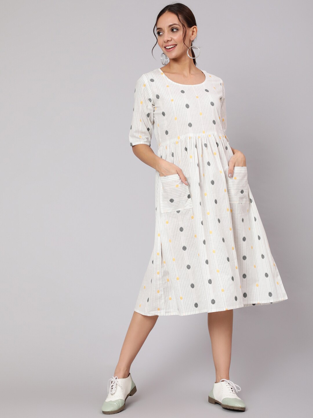 

Nayo Off White & Yellow Paper Lantern Printed Dress With Pockets