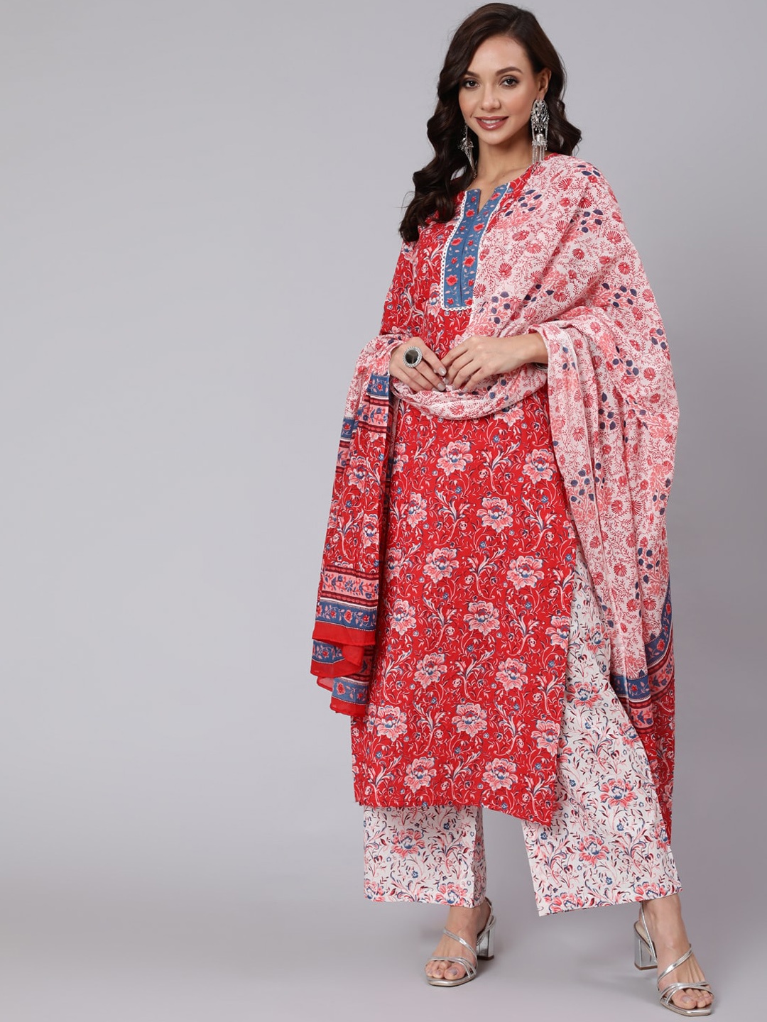 

Nayo Women Red Floral Printed Pure Cotton Kurta with Palazzos & With Dupatta