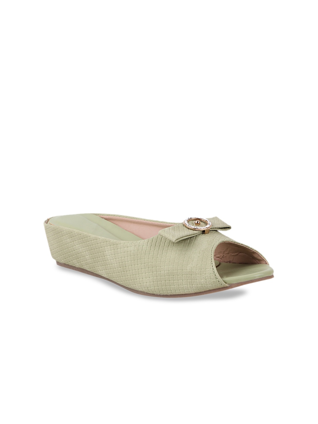 

THE WHITE POLE Women Green Textured Ethnic Ballerinas Bows