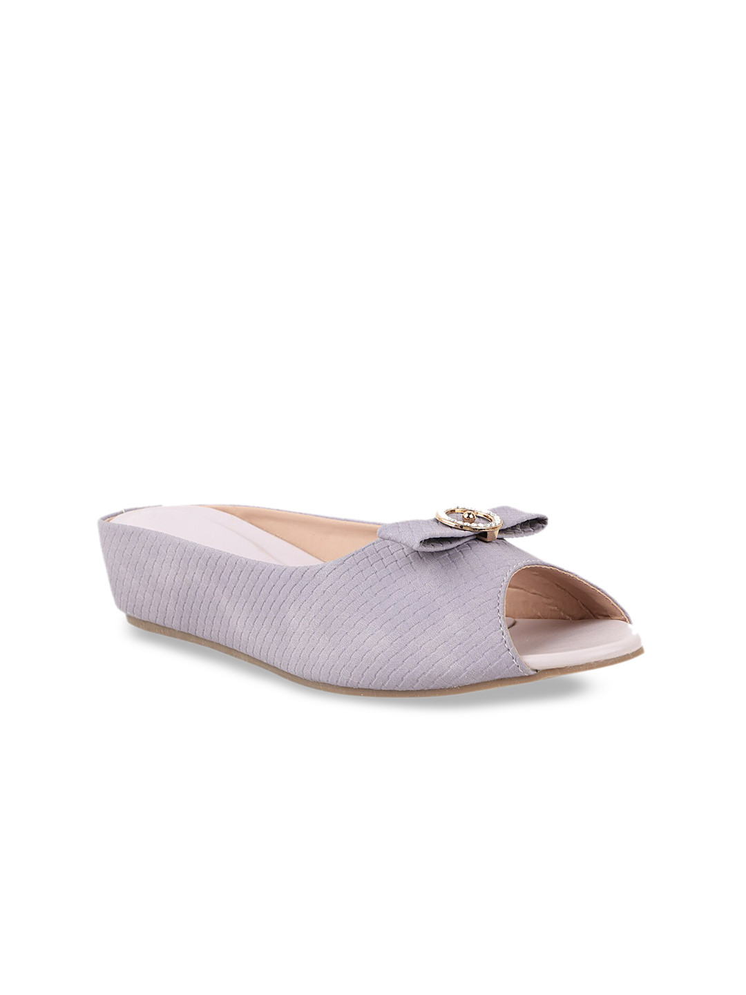 

THE WHITE POLE Women Grey Textured Leather Ethnic Bows Flats