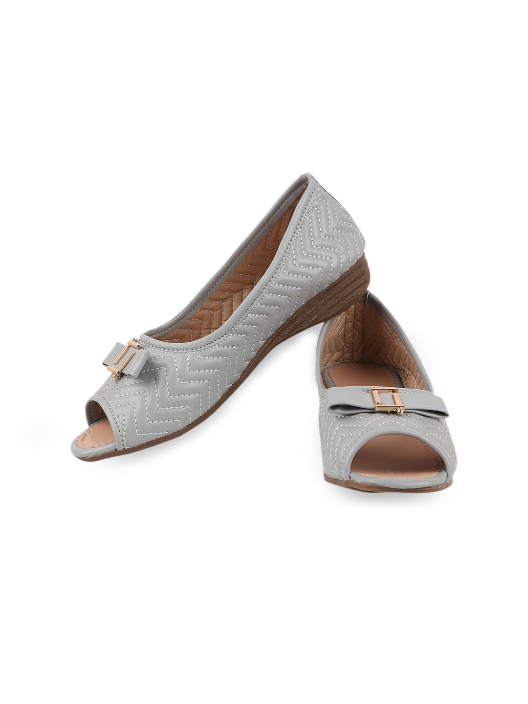 

THE WHITE POLE Women Grey Printed Leather Ethnic Bows Flats