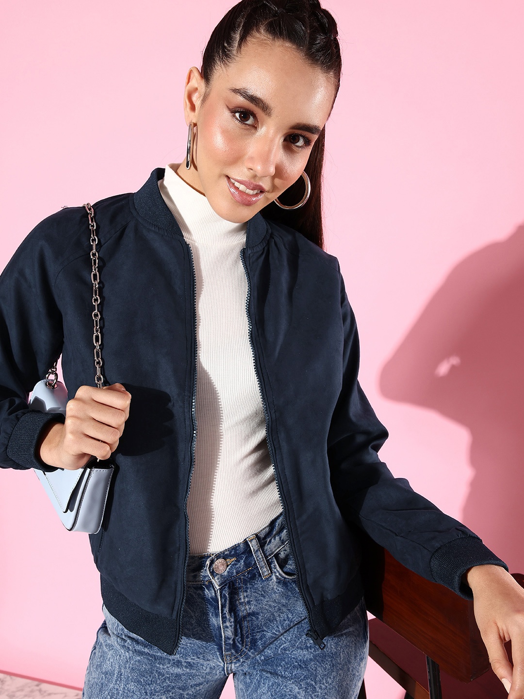 

Harvard Women Navy Blue Solid Bomber Jacket