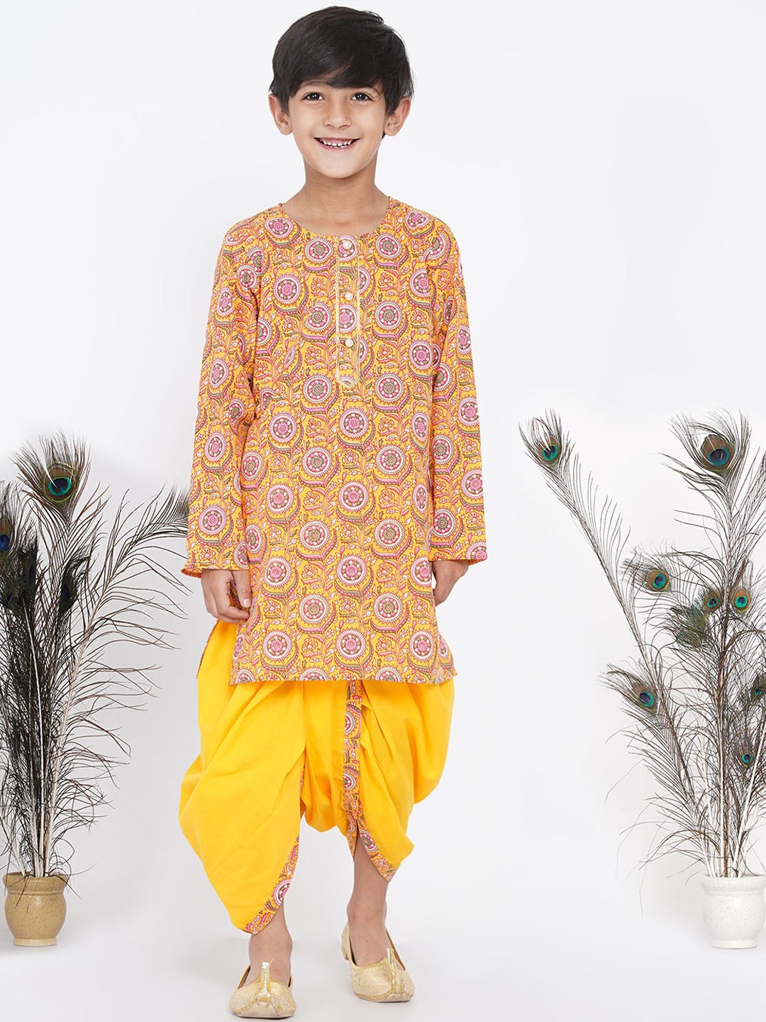 

Little Bansi Boys Yellow Floral Printed Pure Cotton Kurti with Dhoti Pants