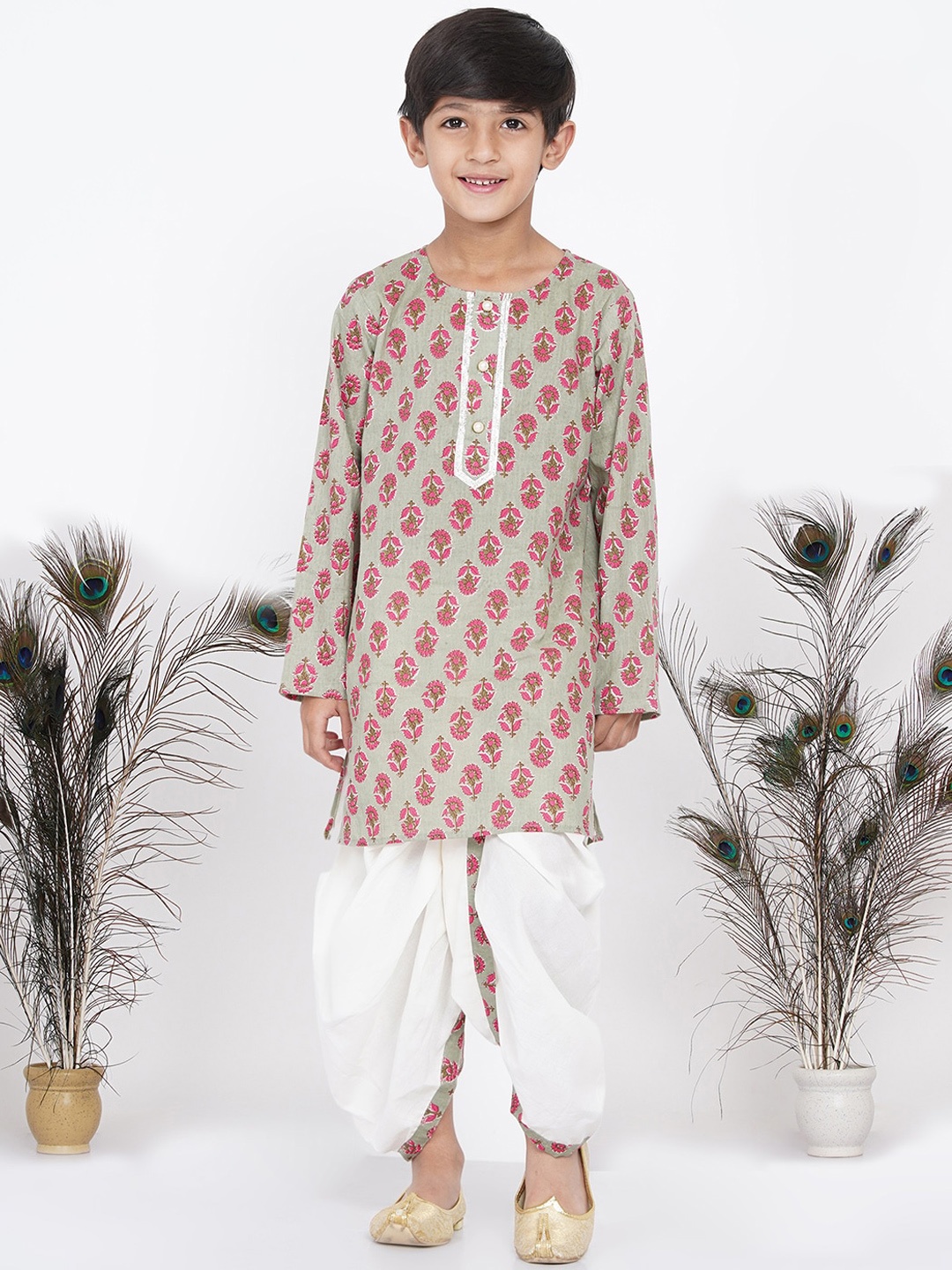 

Little Bansi Boys Green Floral Printed Pure Cotton Kurta with Dhoti Pants, Multi