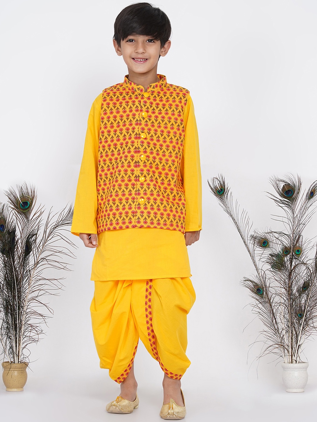 

Little Bansi Boys Yellow Pure Cotton Kurta with Dhoti Pants