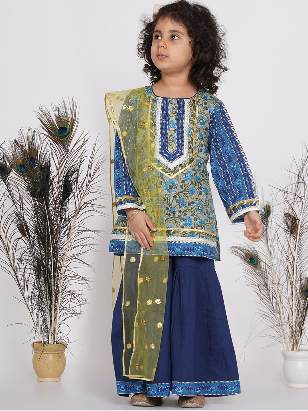 

Little Bansi Girls Multicoloured Ethnic Motifs Embroidered Layered Pure Cotton Kurta with Sharara & With, Multi