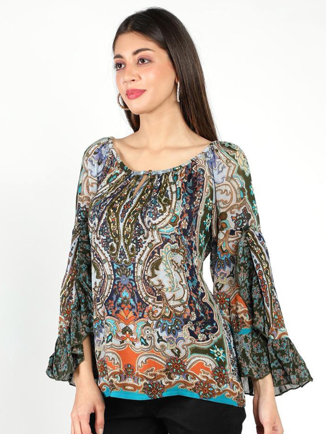 

DEBONATELLA Green & Brown Floral Print Georgette Top