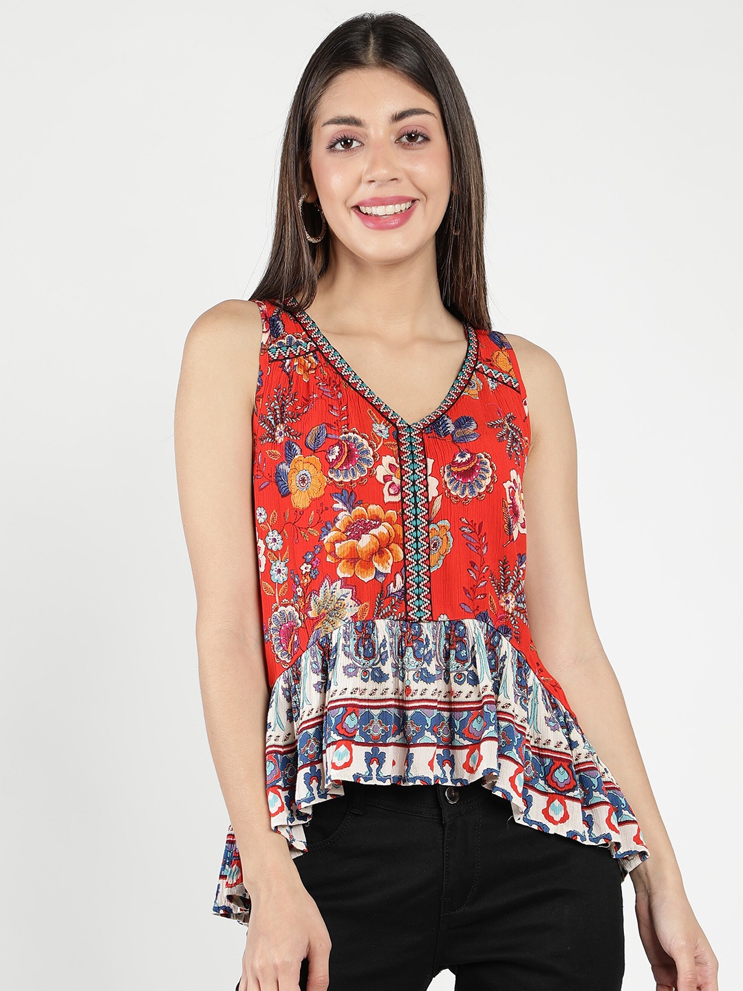 

DEBONATELLA Orange Floral Print Ruffles Crepe High-Low Top