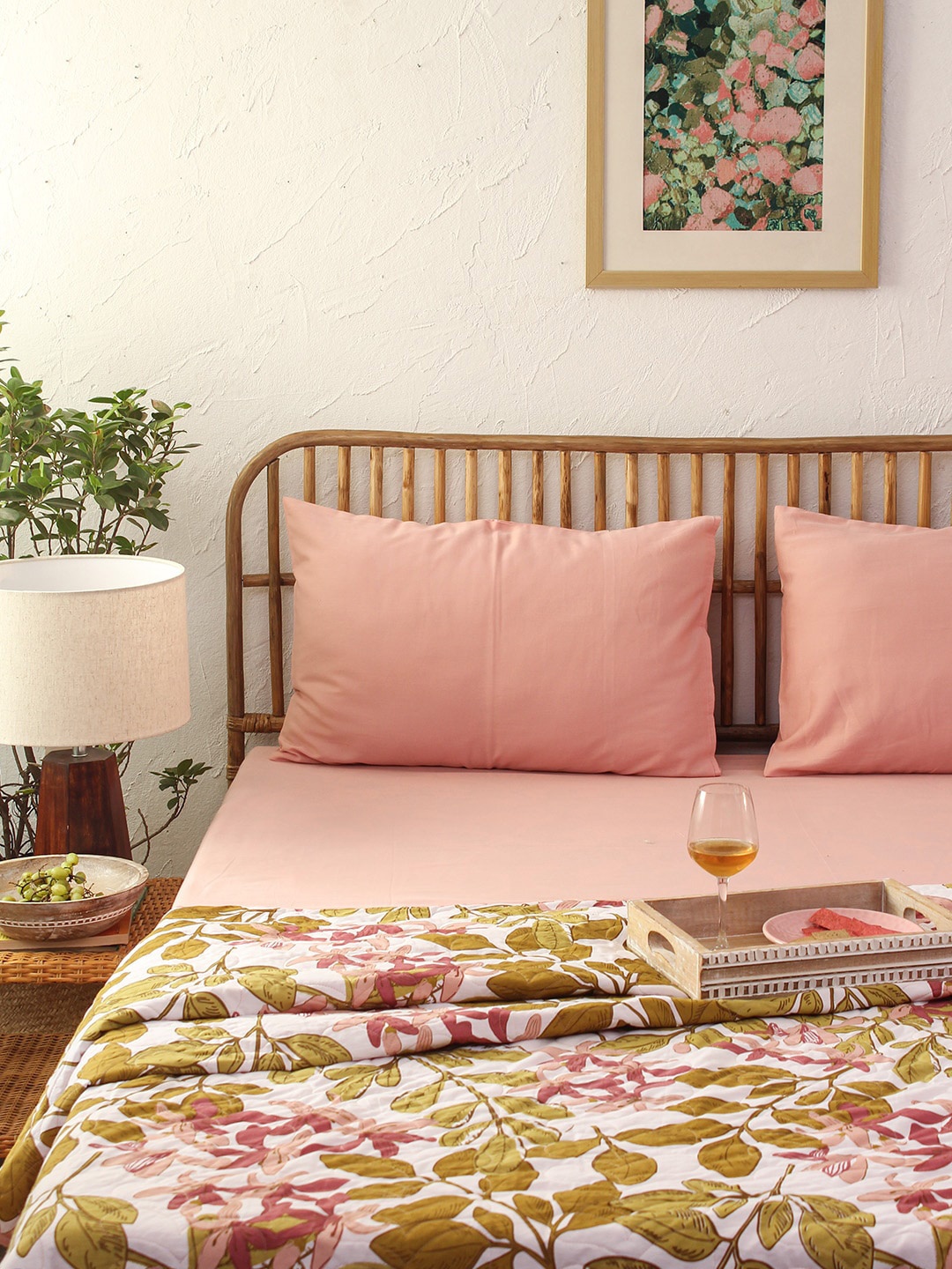 

House This Pink 180 TC Pure Cotton Fitted King Bedsheet with 2 Pillow Covers