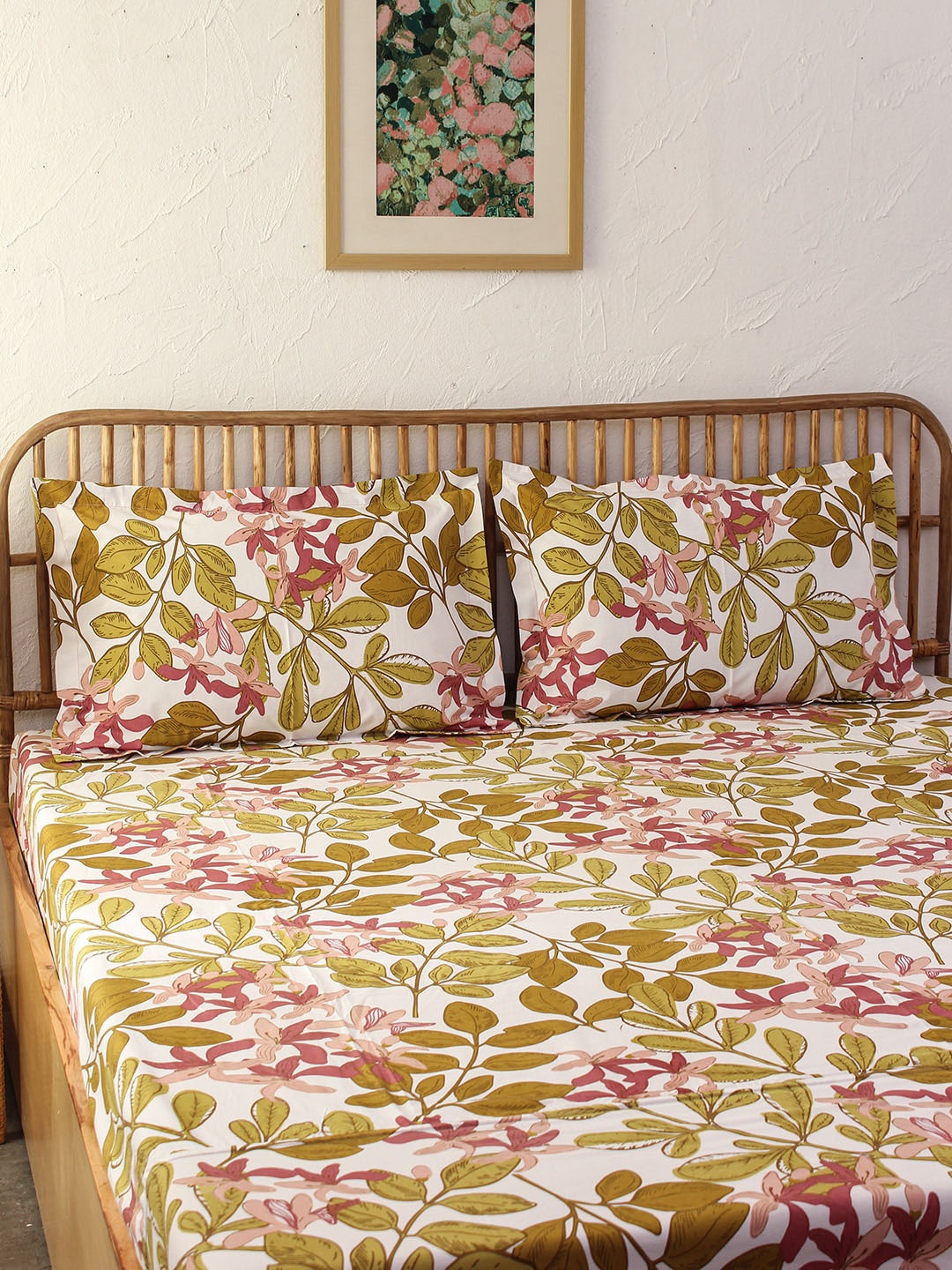 

House This White & Green Floral Print 180 TC Cotton Single Bedsheet with 1Pillow Covers, Pink