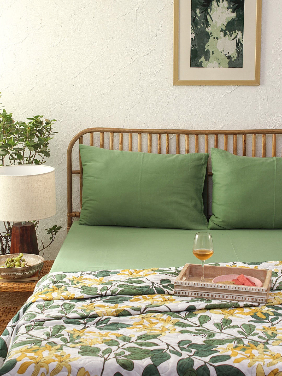 

House This Adults Green & White Floral 180 TC 2 Single Bedsheet With 1 Pillow Covers