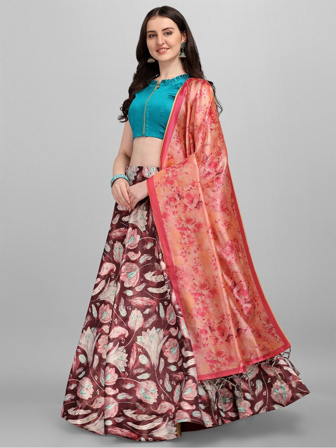 

Fashionuma Brown & Pink Semi-Stitched Lehenga & Unstitched Blouse With Dupatta