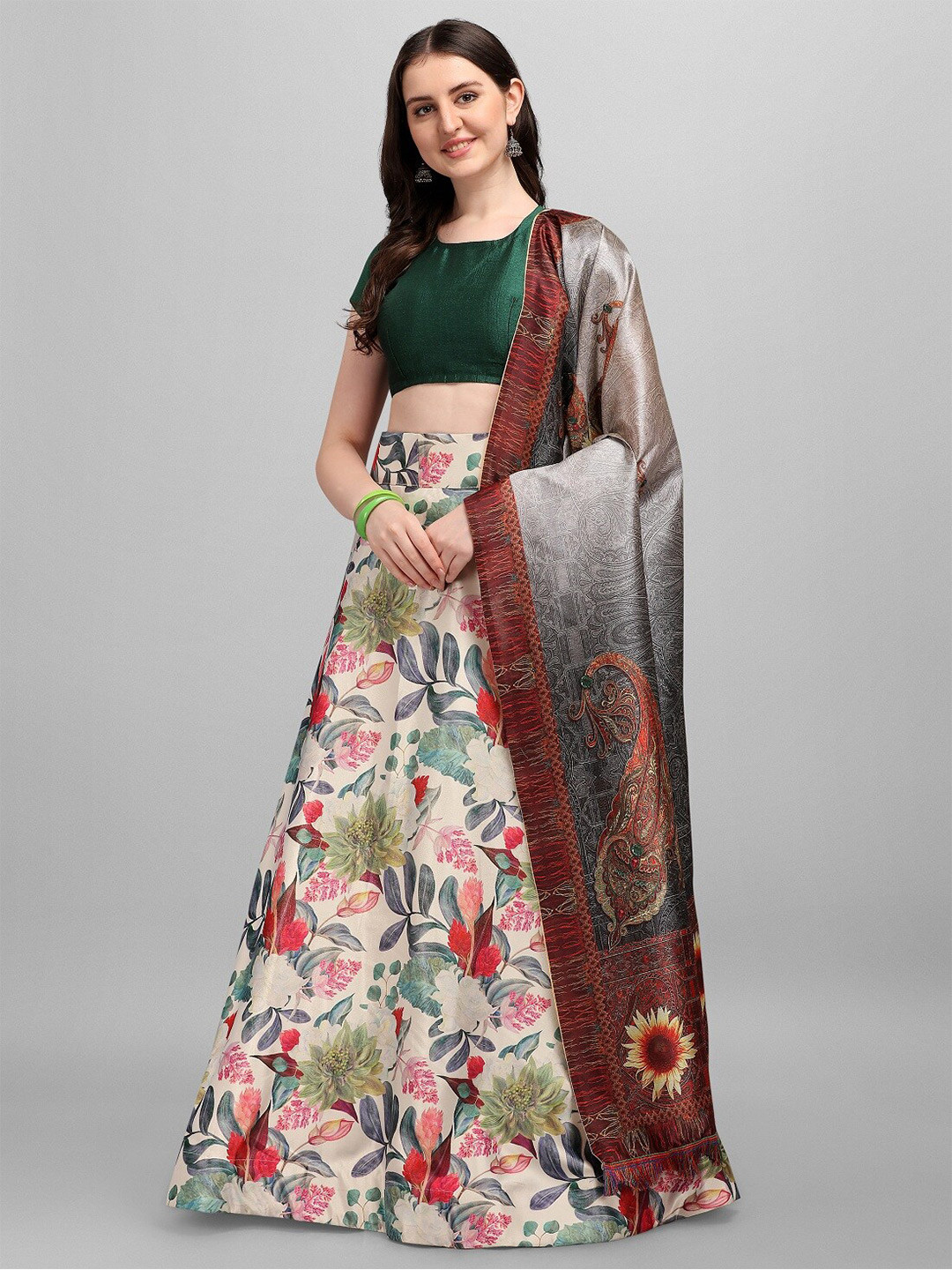 

Fashionuma White & Grey Semi-Stitched Lehenga & Unstitched Blouse With Dupatta