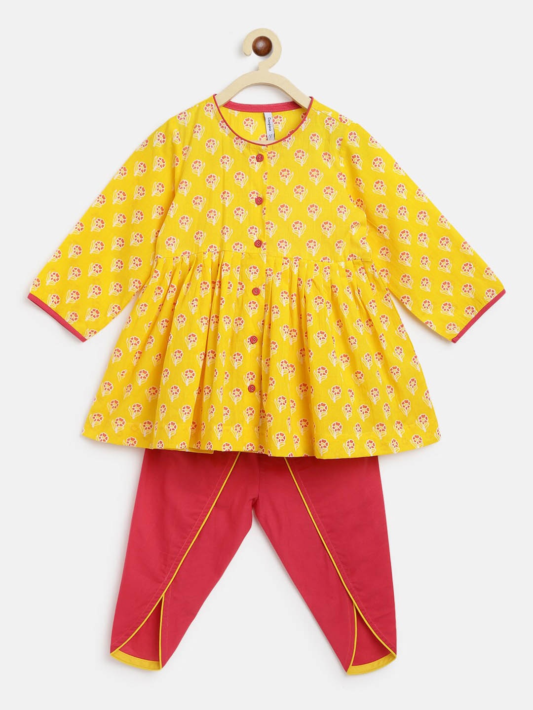 

Campana Girls Yellow Floral Printed Pleated Pure Cotton Kurta with Dhoti Pants