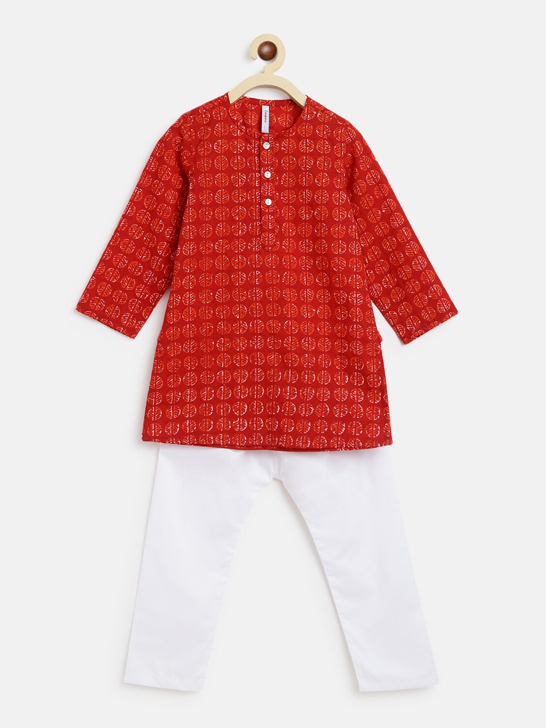 

Campana Boys Red Ethnic Motifs Printed Pure Cotton Kurta with Pyjamas