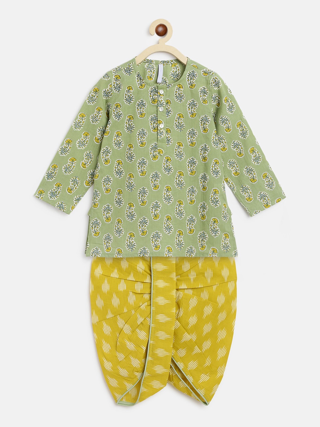 

Campana Boys Green Ethnic Motifs Printed Angrakha Pure Cotton Kurta with Dhoti Pants
