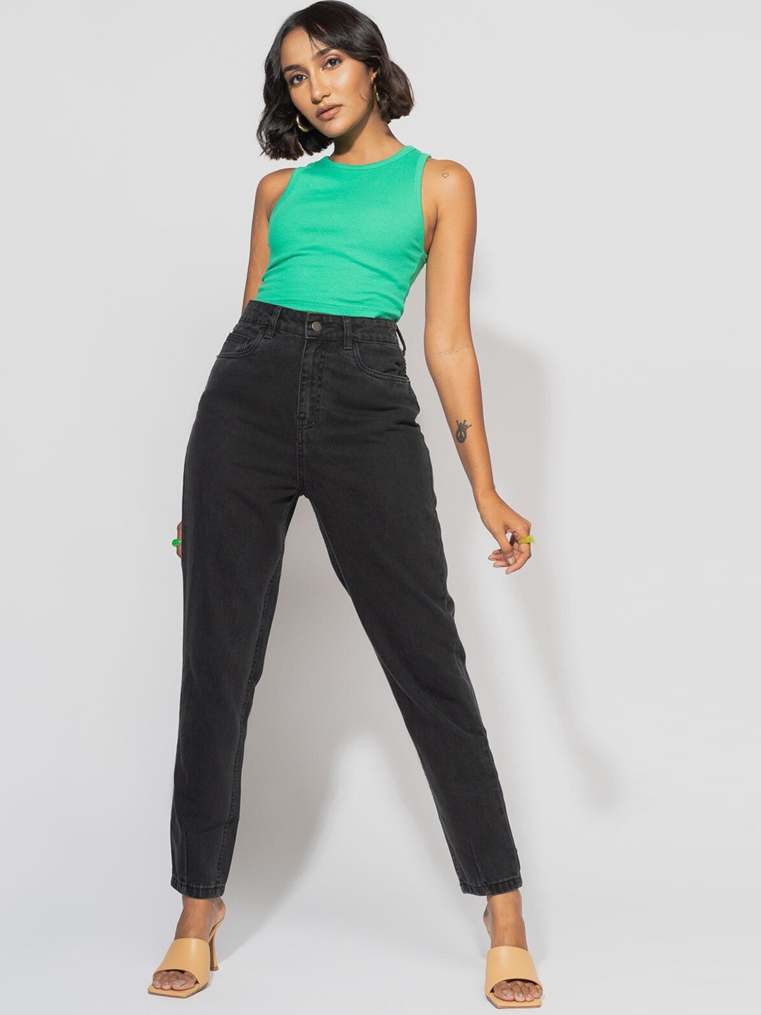 

FREAKINS Women Black Tapered Fit High-Rise Low Distress Jeans