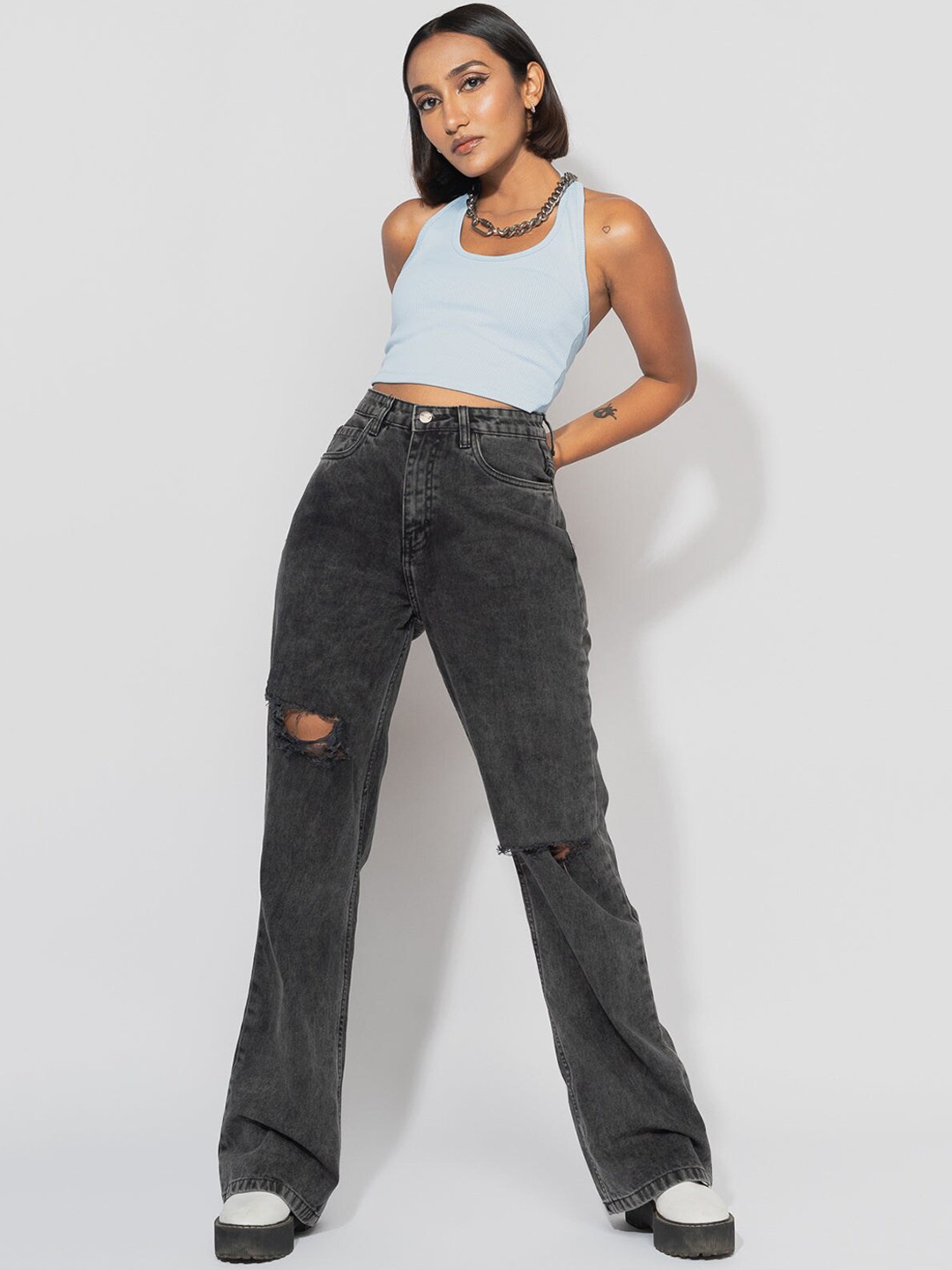 

FREAKINS Women Grey Bootcut High-Rise Mildly Distressed Jeans