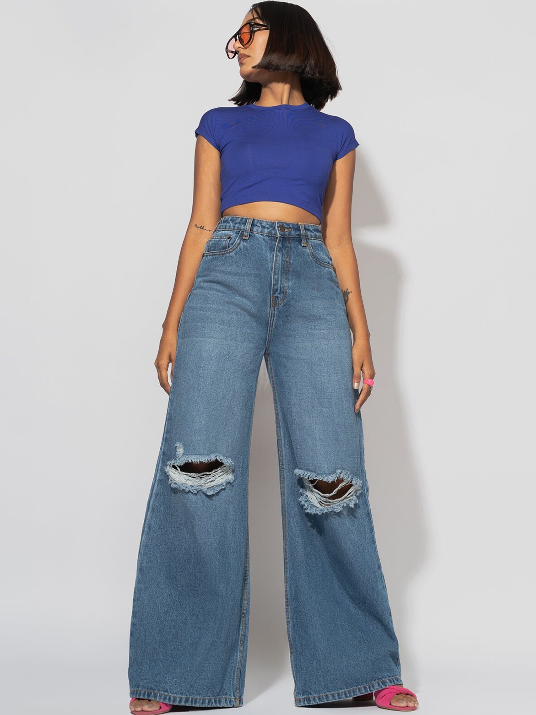 

FREAKINS Women Blue Flared High-Rise Mildly Distressed Light Fade Jeans