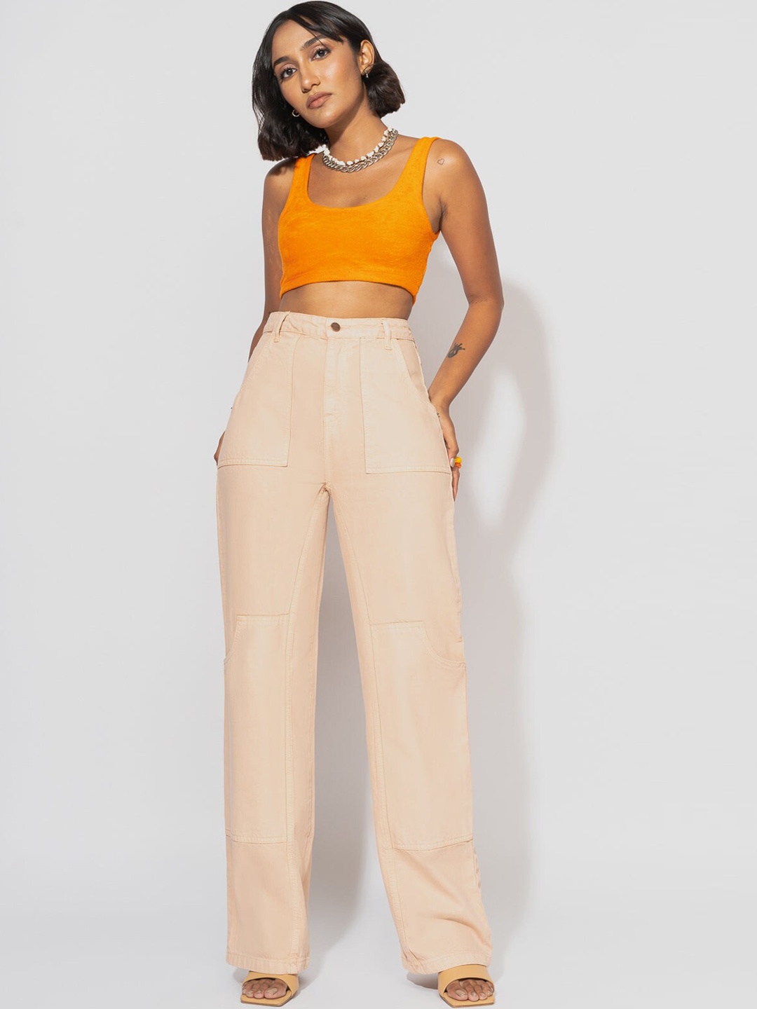 

FREAKINS Women Peach-Coloured Solid Straight Fit High-Rise Jeans