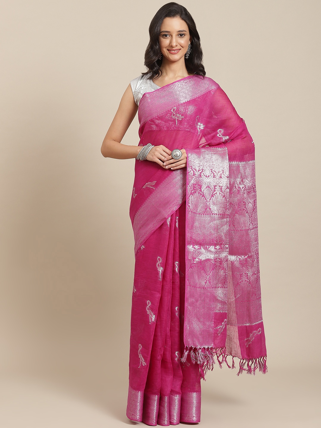 

swatika Pink & Silver-Toned Ethnic Motifs Zari Pure Linen Bhagalpuri Saree