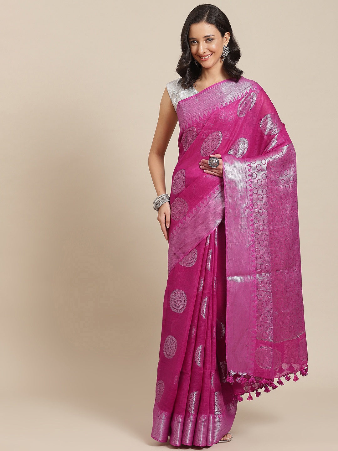 

swatika Purple & Silver-Toned Ethnic Motifs Zari Pure Linen Bhagalpuri Saree