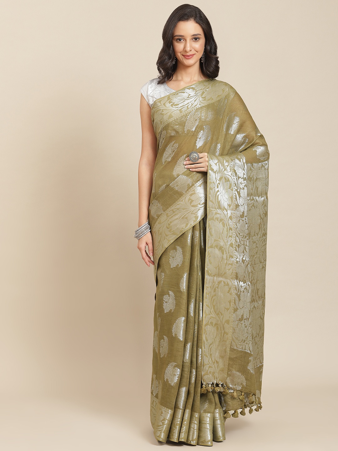 

swatika Olive Green & Silver-Toned Floral Zari Pure Linen Bhagalpuri Saree