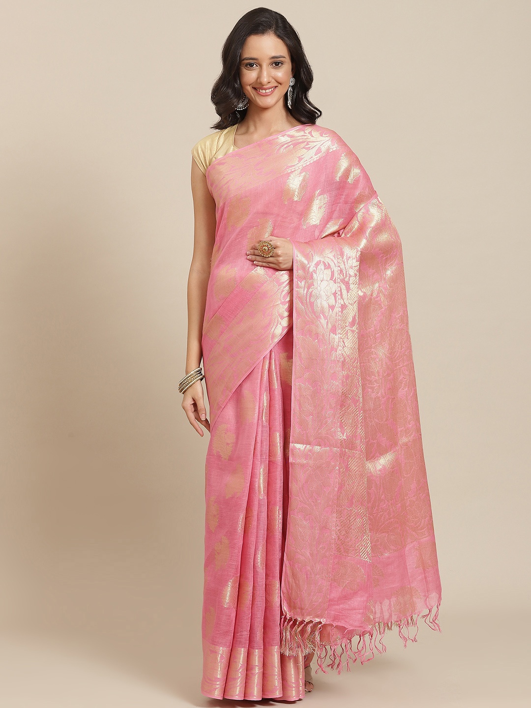 

swatika Pink & Gold-Toned Ethnic Motifs Zari Pure Linen Bhagalpuri Saree