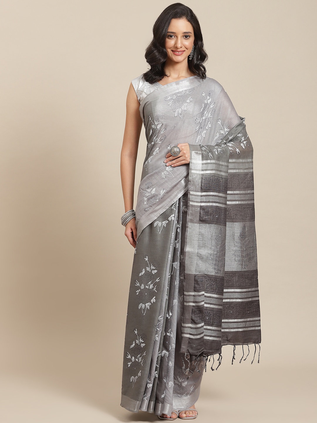 

swatika Grey Floral Zari Linen Blend Bhagalpuri Saree