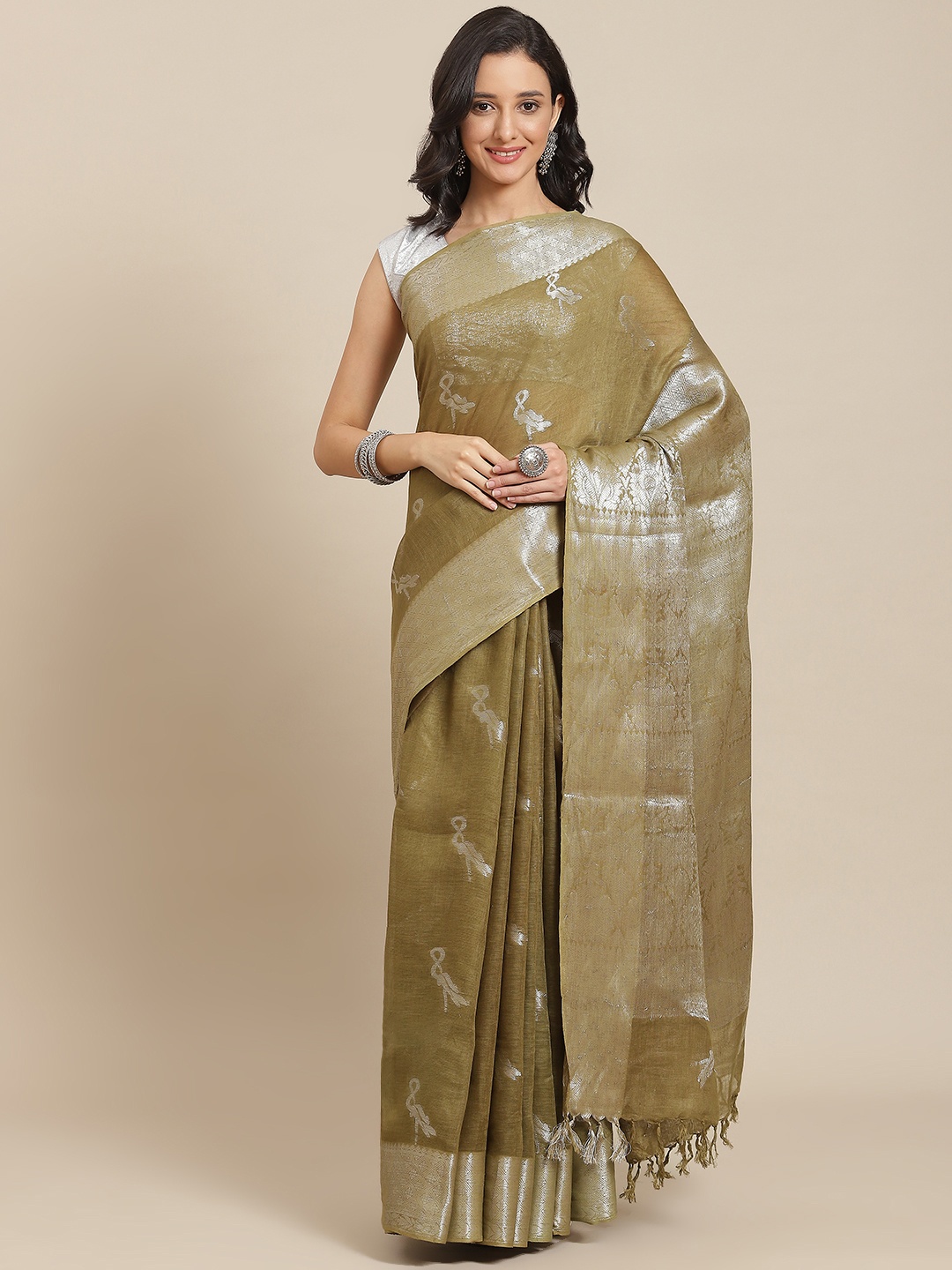 

swatika Olive Green & Silver-Toned Ethnic Motifs Zari Pure Linen Bhagalpuri Saree
