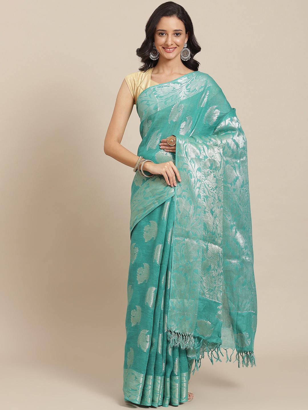 

swatika Green & Silver-Toned Ethnic Motifs Zari Pure Linen Bhagalpuri Saree