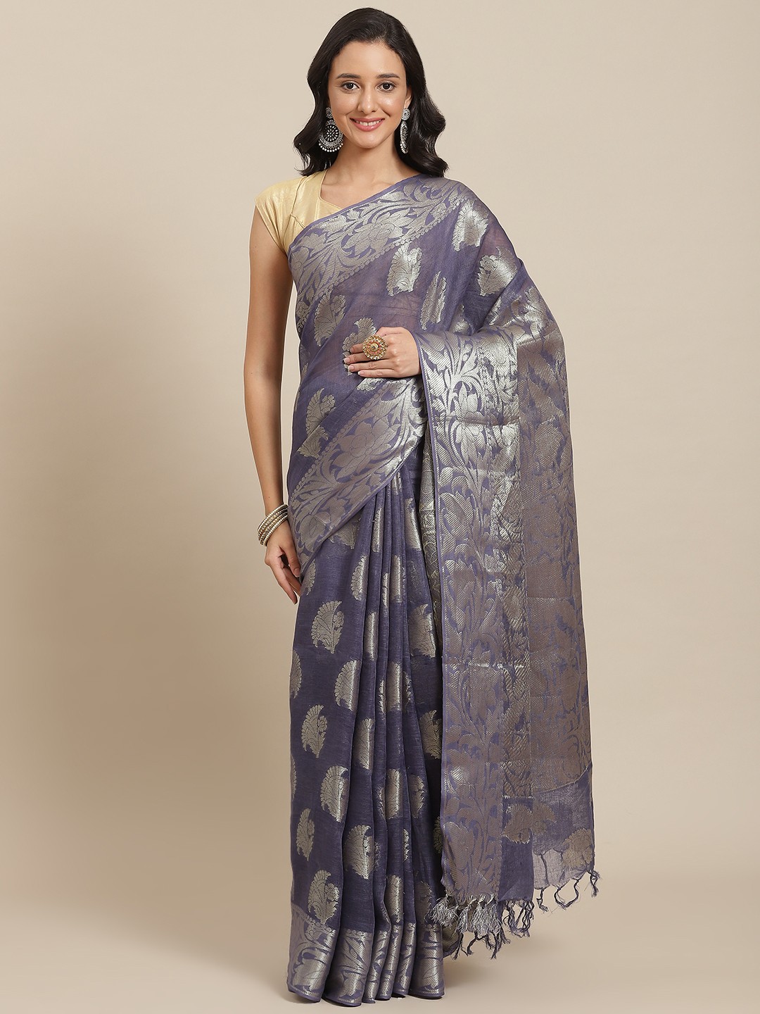 

swatika Blue & Silver-Toned Floral Zari Pure Linen Bhagalpuri Saree
