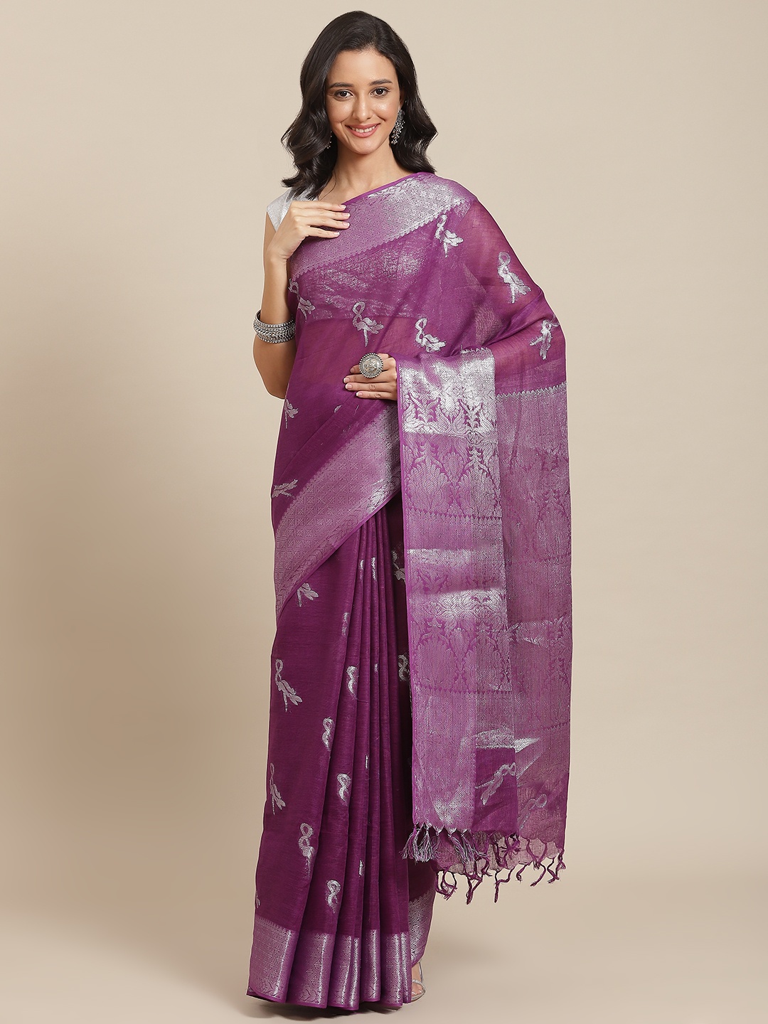 

swatika Purple & Silver-Toned Ethnic Motifs Zari Pure Linen Bhagalpuri Saree