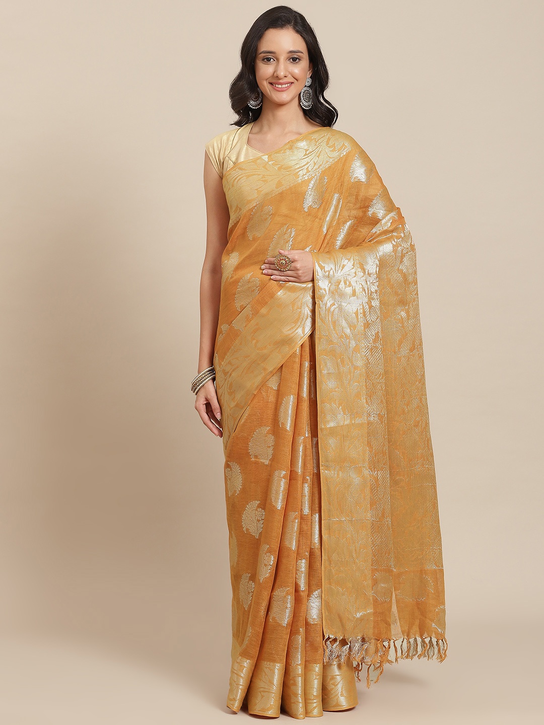 

swatika Mustard & Gold-Toned Ethnic Motifs Zari Pure Linen Bhagalpuri Saree