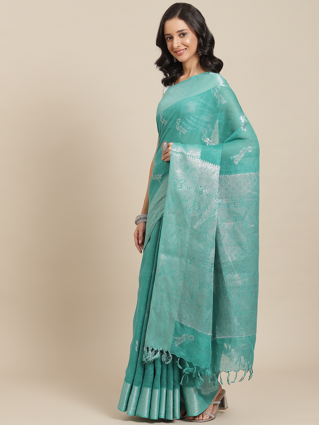 

swatika Green & Silver-Toned Woven Design Zari Pure Linen Bhagalpuri Saree
