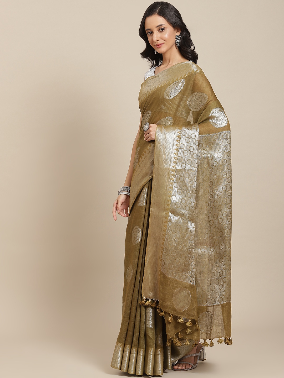 

swatika Olive Green & Silver-Toned Ethnic Motifs Zari Pure Linen Bhagalpuri Saree